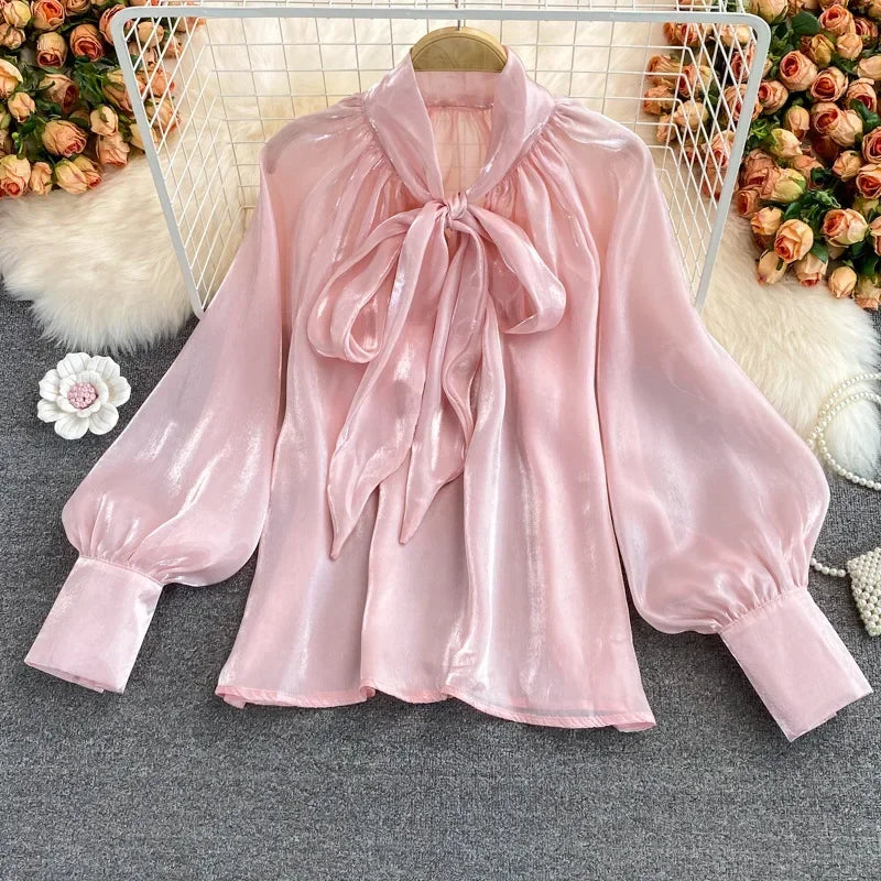 Spring Women's New Harajuku Tops V-neck Solid Color Bowknot Lantern Sleeves Loose Fashion Elegant Mesh Temperament Ladies Shirt