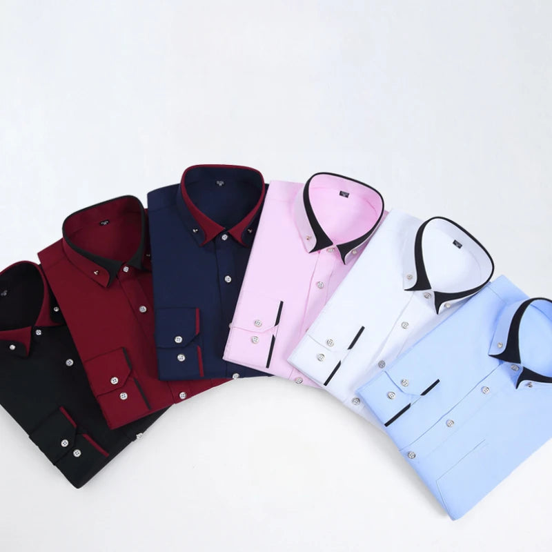 4XL Stand Up Collar Long Sleeve Shirt for Men Social Camisa Anti-wrinkle Pockets with Diamond Button Down White Shirt Black Blue