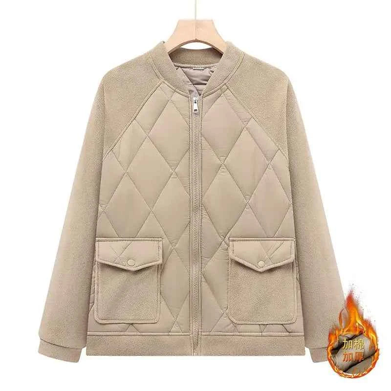 Women Padded Jacket round neck Long Sleeves patchwork coat Winter Warm Top Outerwear