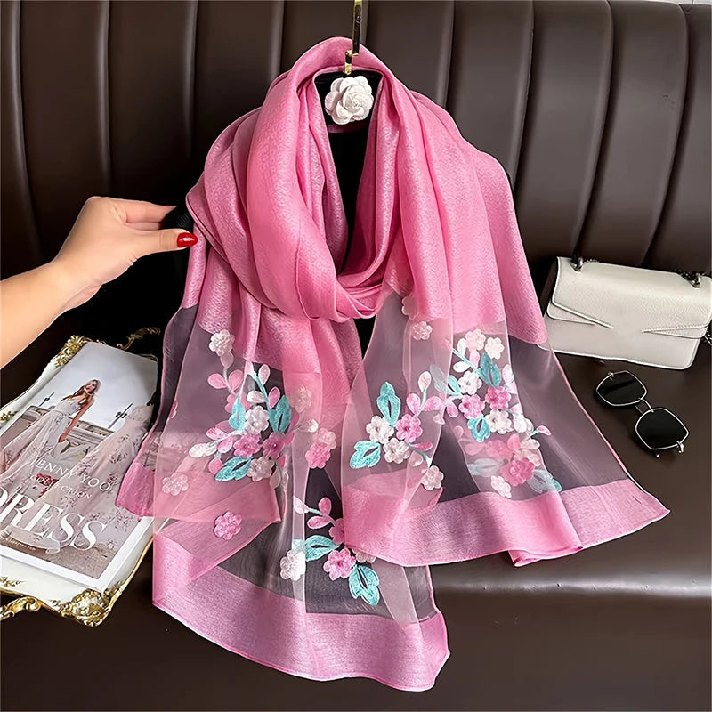 Women Silk Wool Scarf Floral Embroidery Hijab Female Foulard Spring Summer Thin Pashmina Shawls Wraps Bufanda Headscarf Stoles - AMULET RING STORE
