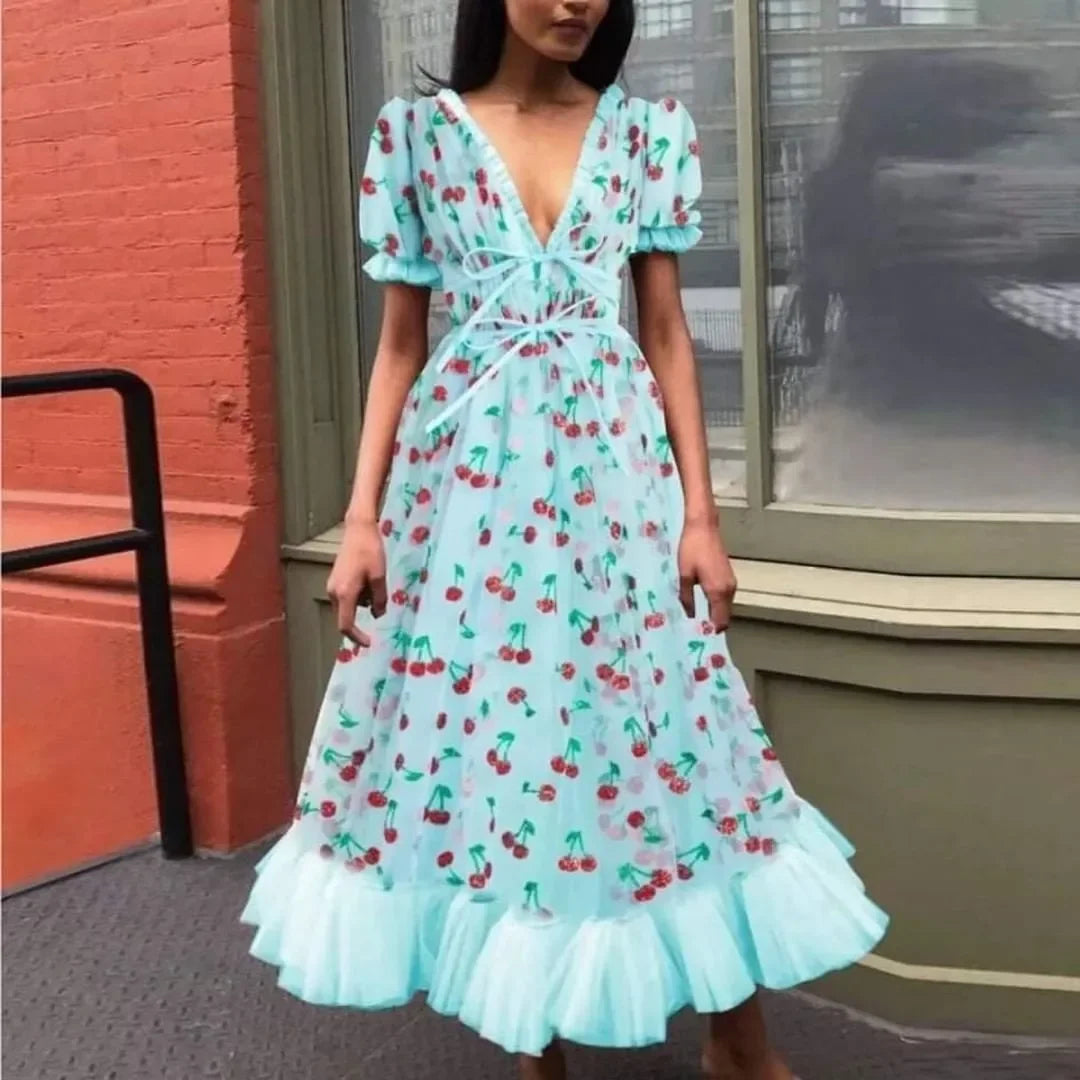 French Style Strawberry Two-tone V-neck Long Dress Sequins Ruffles Fashionable Net Yarn Sleeveless Robe