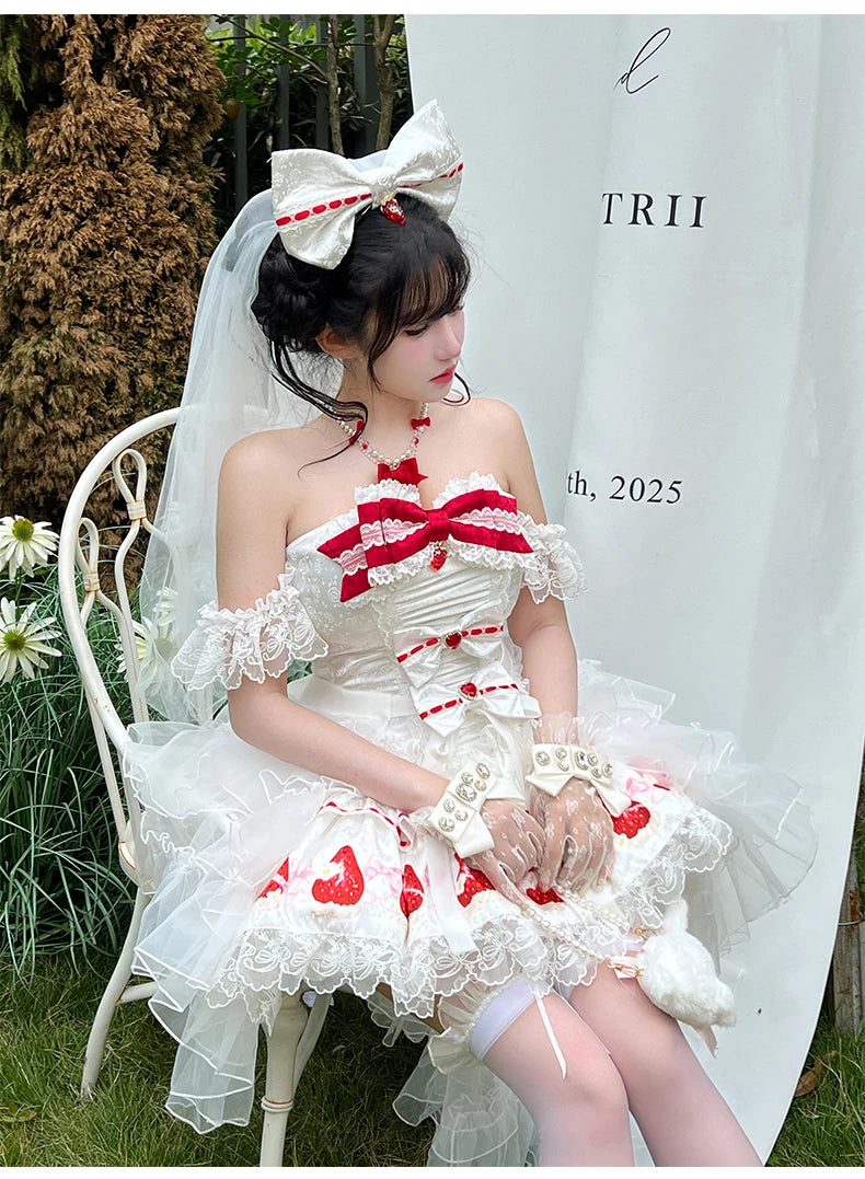 Sweet Princess Style Birthday Anniversary Wedding Dress New Lolita Cute Bow Sexy Strapless Girl Temperament Puffy Lace Dresses