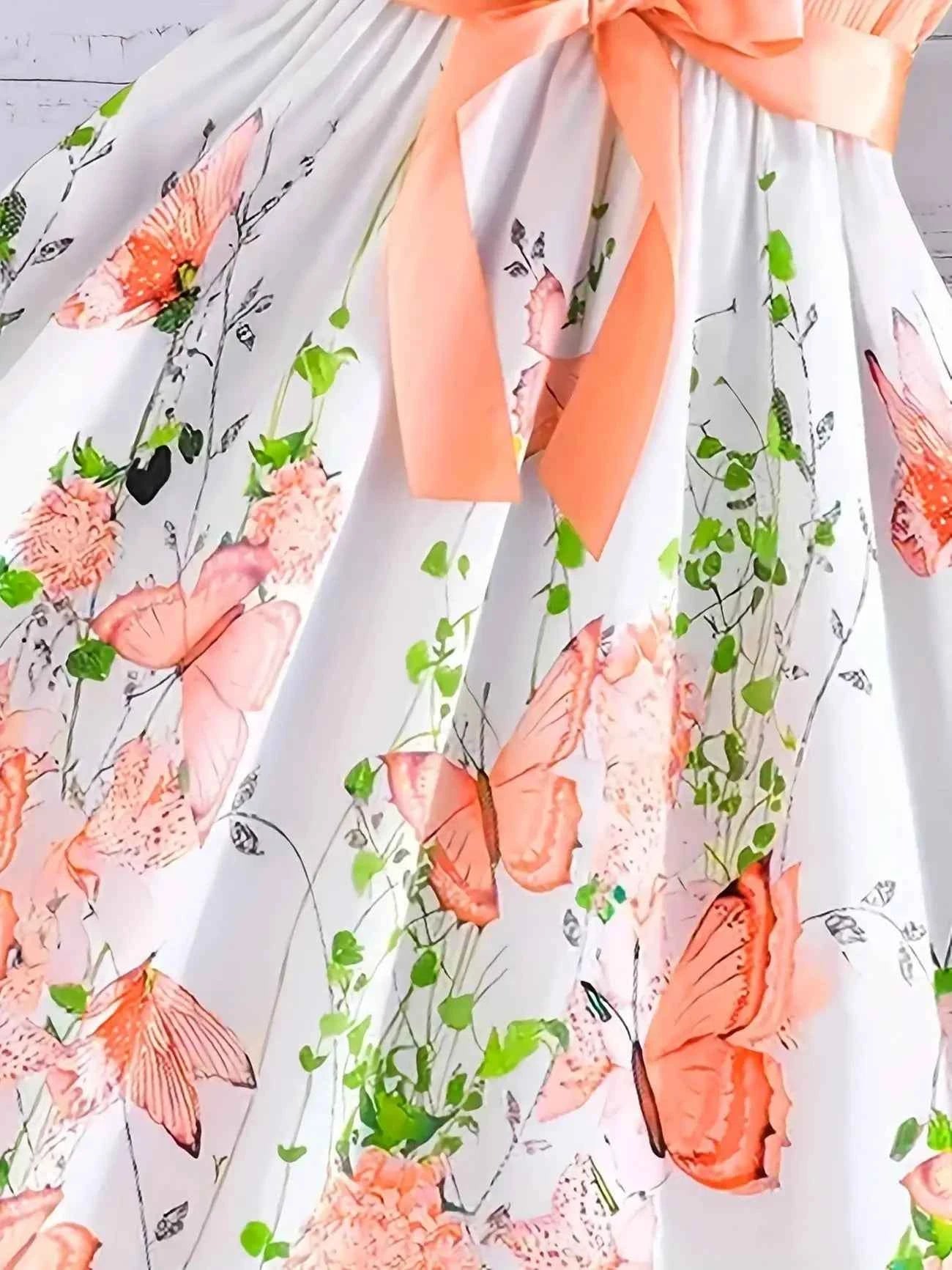 A cute solid-color long-sleeved coat paired with a sleeveless floral butterfly ly Pattern Dress For Girls' Fashion Two-Piece Set