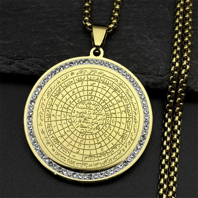 Muslim Arabic Quran Round Medal Pendant Necklace for Men Women Stainless Steel Gold Color Islamic Amulet Male Chain Jewelry - AMULET RING STORE