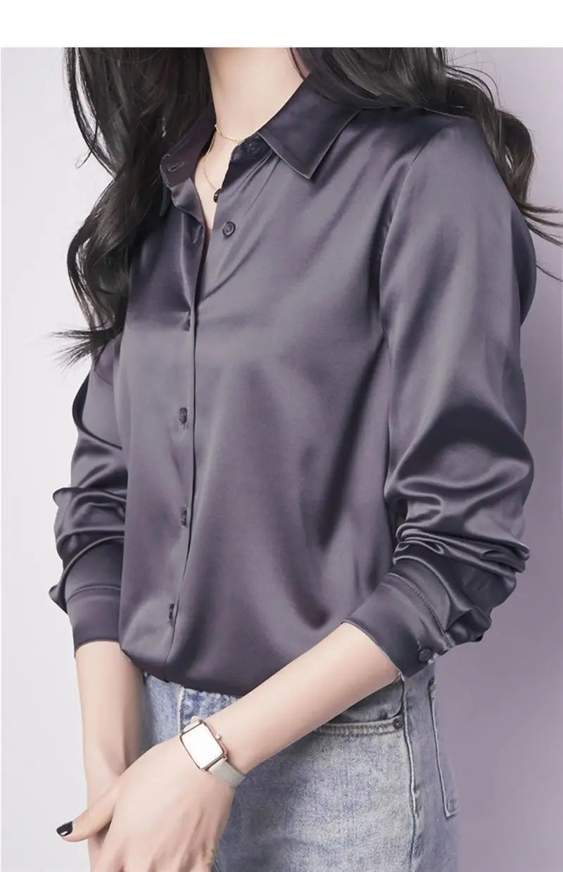 Spring Summer Casual Women's Satin Shirt Lapel Long Sleeve Blouse Loose Solid Color Office Lady Fashion Shirts Top