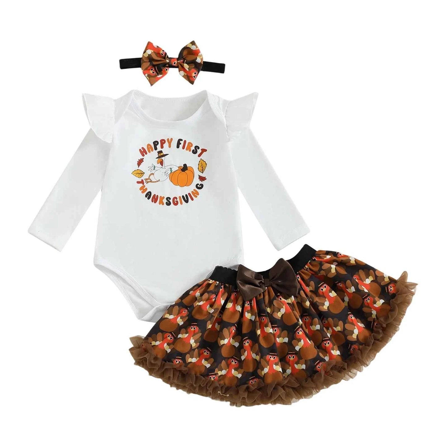 Adorable Baby Girls 3-Piece Thanksgiving Ensemble with Long Sleeve Romper Mini Skirt and Headband - Fall Fashion Set