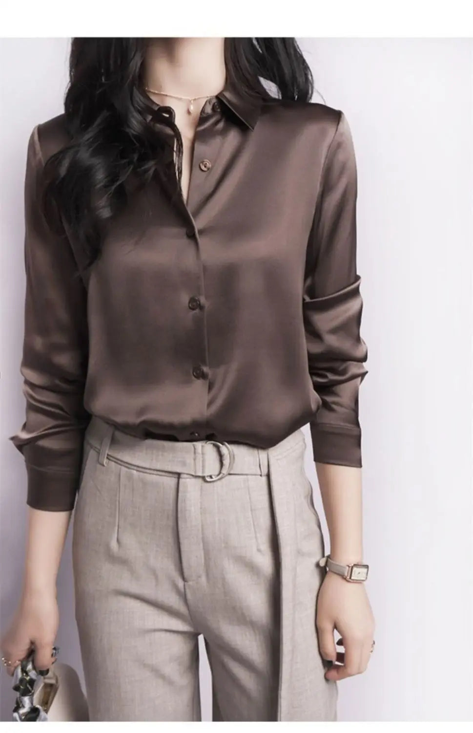 Spring Summer Casual Women's Satin Shirt Lapel Long Sleeve Blouse Loose Solid Color Office Lady Fashion Shirts Top
