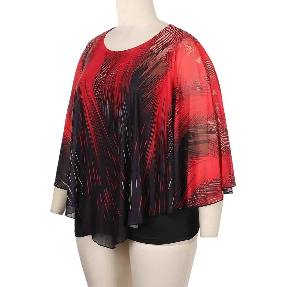 Plus Size Women's Aurora Printed Gauze Cloak Sleeve Blouse Tunic Tops Ladies Summer Casual Loose T Shirts Tee XL 2XL 3XL 4XL 5XL