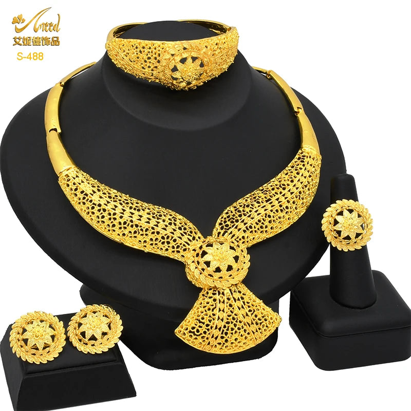 ANIID Dubai Plated Jewelry Set For Women Indian Earring and Necklace Nigeria Moroccan Bridal Accessorie Wedding Bracelet Gifts