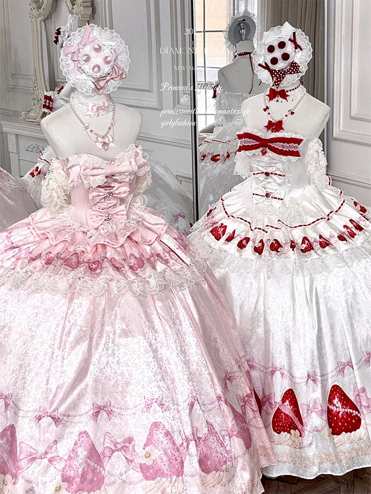 Sweet Princess Style Birthday Anniversary Wedding Dress New Lolita Cute Bow Sexy Strapless Girl Temperament Puffy Lace Dresses
