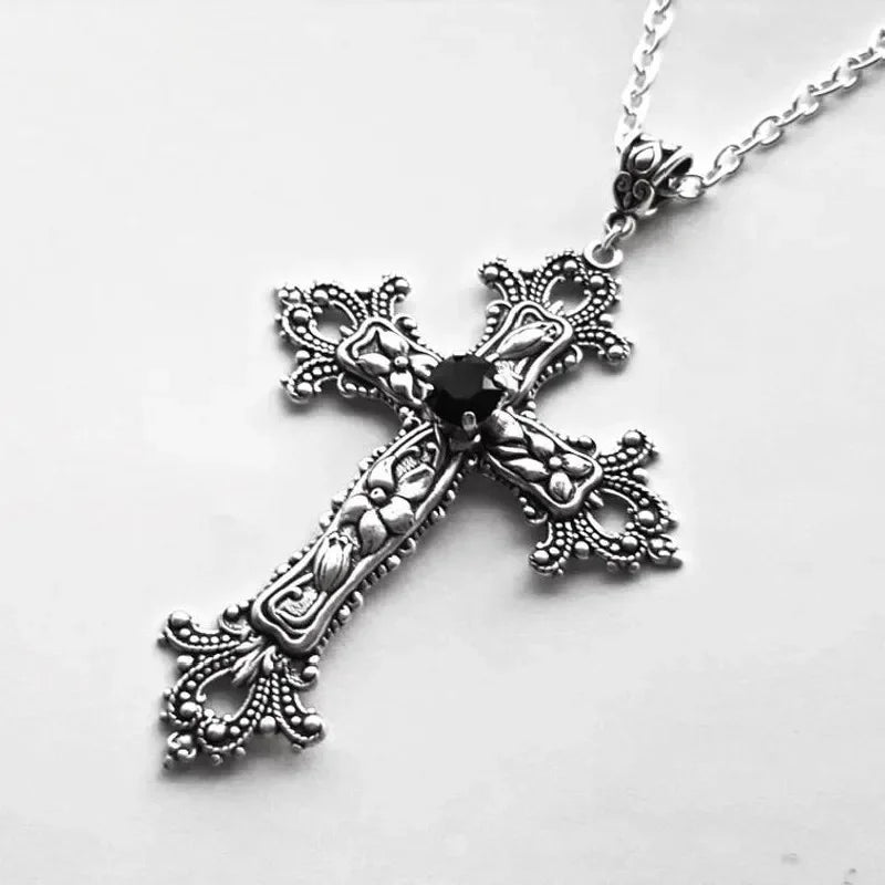 Large Detailed Cross Black Drill Jewel Necklace Silver Color Tone Pendant Goth Punk Jewellery Fashion Charm Statement Women Gift - AMULET RING STORE