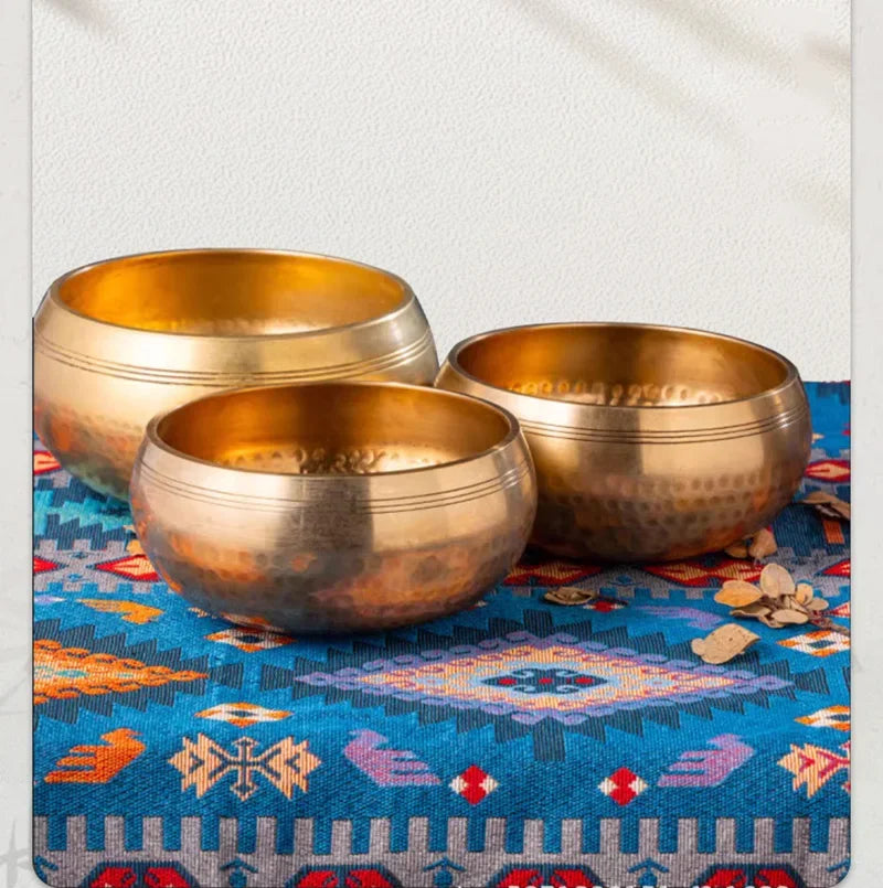 Tibetan Handmade Brass Singing Bowl, Yoga Meditation Bowl for Sound Healing Stress Relief, Buddha Mindfulness Bowl Instrument - AMULET RING STORE