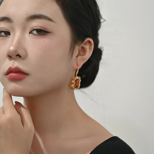 Vintage Crystal & Pearl Earrings, Caramel Cube Drop Earrings, Luxury Geometric Statement Earrings for Women