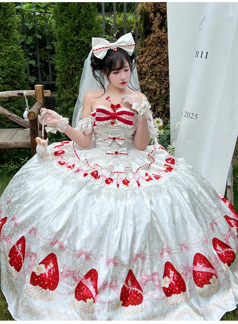 Sweet Princess Style Birthday Anniversary Wedding Dress New Lolita Cute Bow Sexy Strapless Girl Temperament Puffy Lace Dresses