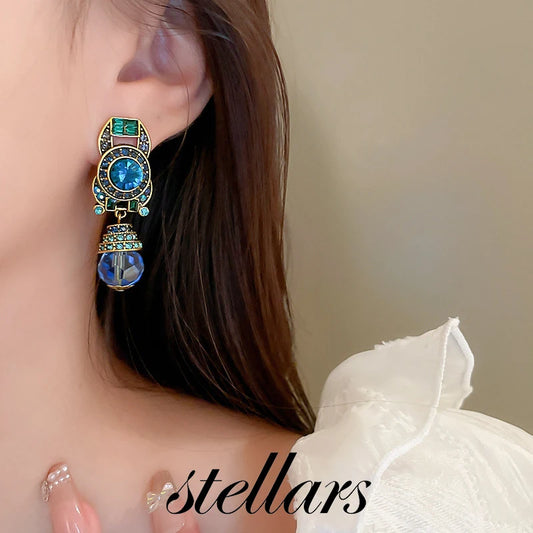 Vintage Non-Pierced Blue Crystal Teardrop Clip-On Earrings, French Luxe Palace Style, Elegant High-End Women's Earrings