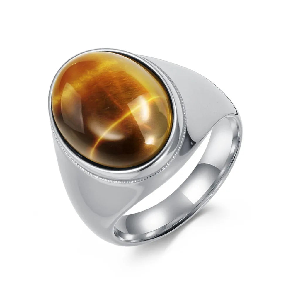 European and American oval gemstone titanium steel ring men's personality fashion tiger's eye black stone jewellery