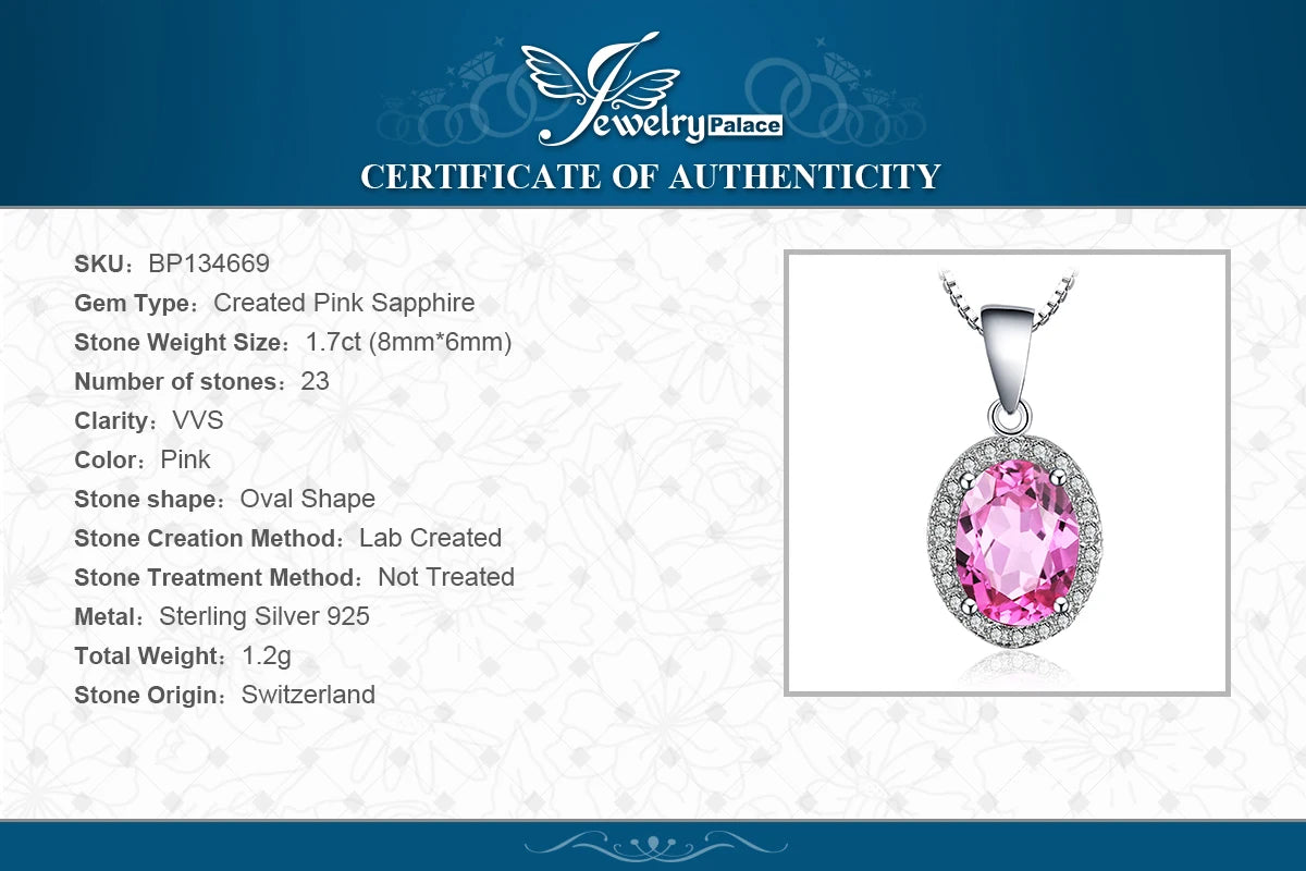 JewelryPalace 1.7ct Created Pink Sapphire 925 Sterling Silver Halo Pendant Necklace for Woman Fashion Engagement Gift No Chain