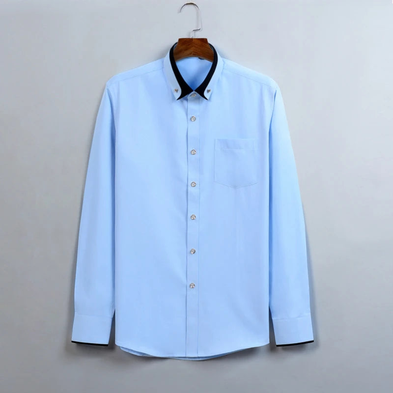 4XL Stand Up Collar Long Sleeve Shirt for Men Social Camisa Anti-wrinkle Pockets with Diamond Button Down White Shirt Black Blue