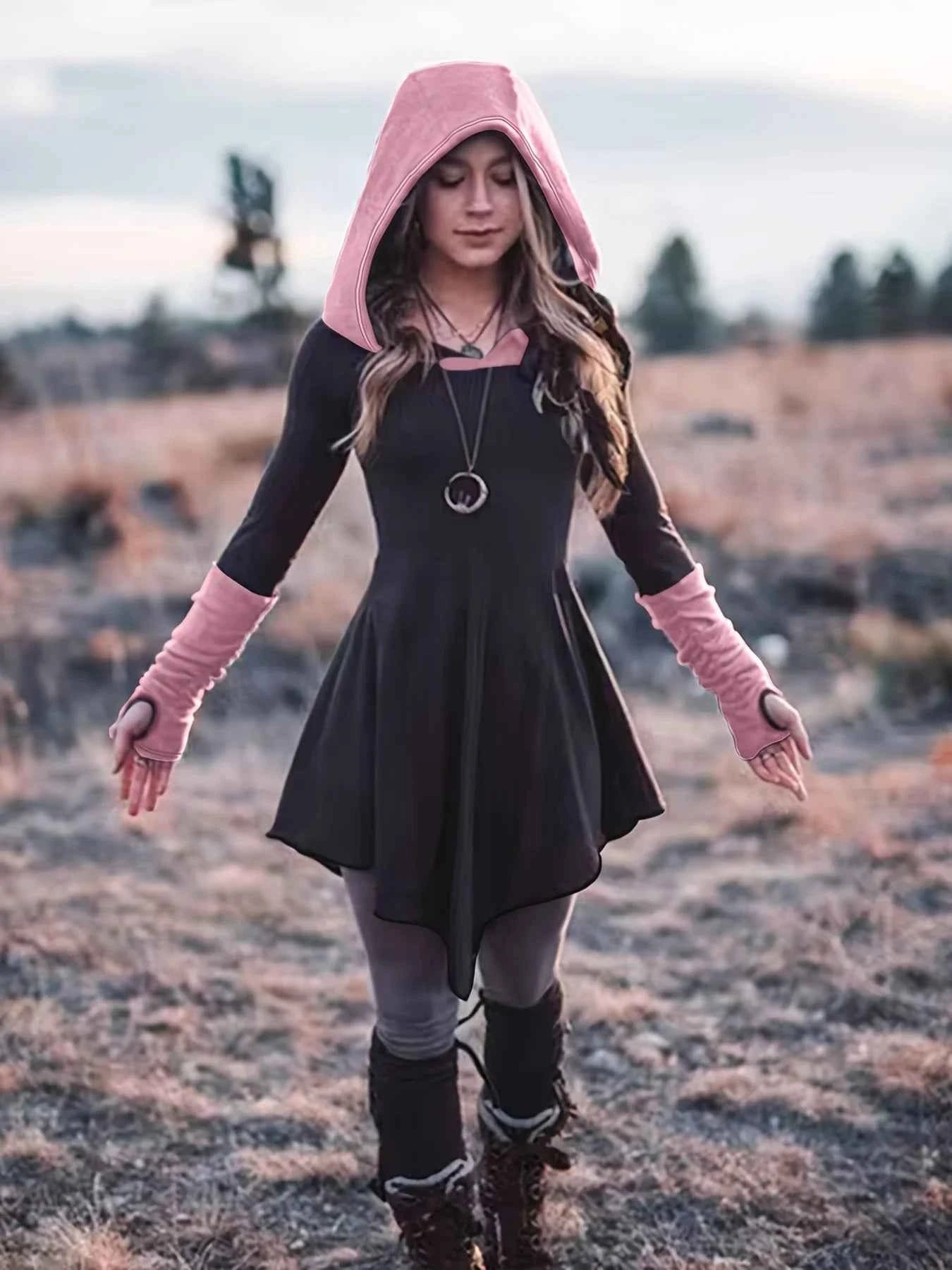 Plus Size Winter Retro Dress, Women's Plus Warm Contrasting Colors Long Sleeve Asymmetrical Hem Slight Stretch Hooded Dress