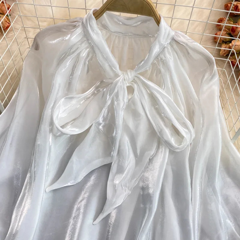 Spring Women's New Harajuku Tops V-neck Solid Color Bowknot Lantern Sleeves Loose Fashion Elegant Mesh Temperament Ladies Shirt