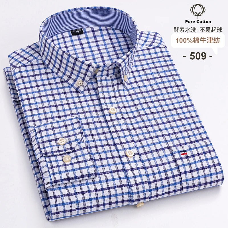 100% Cotton Oxford Men's Shirts Long Sleeves Plaid Soft Regular Fit Formal Dress Shirt Pocket Social Blouse Male Clothes S-7XL