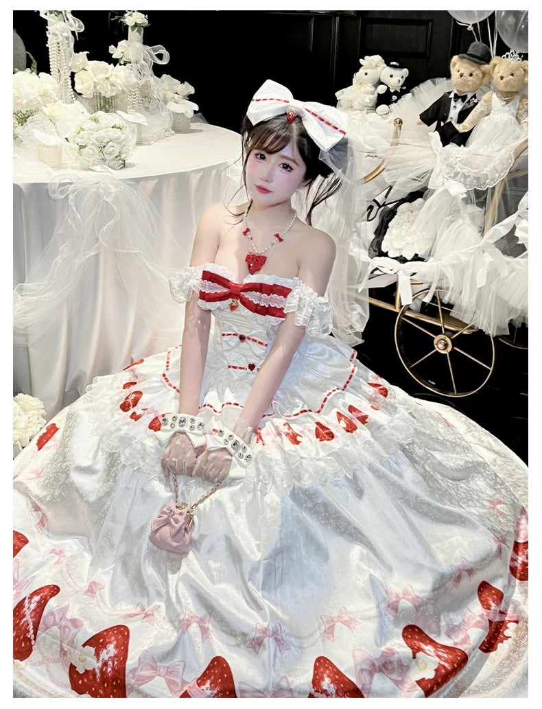 Sweet Princess Style Birthday Anniversary Wedding Dress New Lolita Cute Bow Sexy Strapless Girl Temperament Puffy Lace Dresses