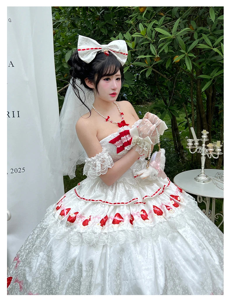 Sweet Princess Style Birthday Anniversary Wedding Dress New Lolita Cute Bow Sexy Strapless Girl Temperament Puffy Lace Dresses