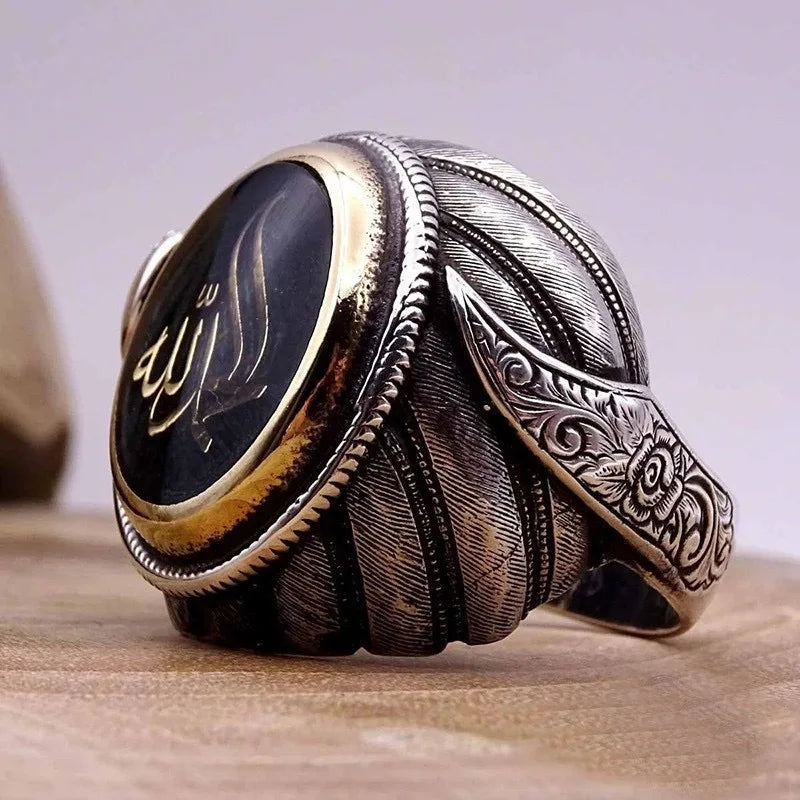 Vintage Arab Style Rings for Men Stainless Ethnic Arabic Calligraphy Ring - AMULET RING STORE