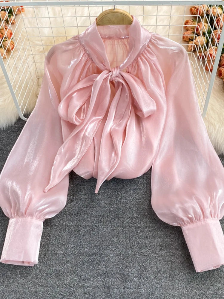 Spring Women's New Harajuku Tops V-neck Solid Color Bowknot Lantern Sleeves Loose Fashion Elegant Mesh Temperament Ladies Shirt