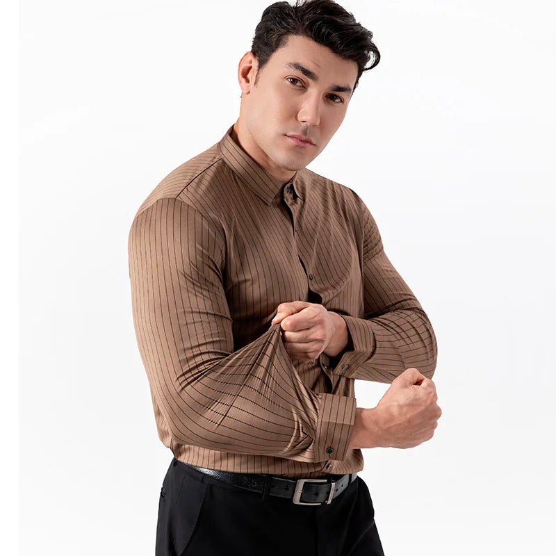 New Stylish Men's Striped Shirt Long Sleeve Business Casual High Elasticity Spring Autumn Seamless Easy-care Soft Man Clothing