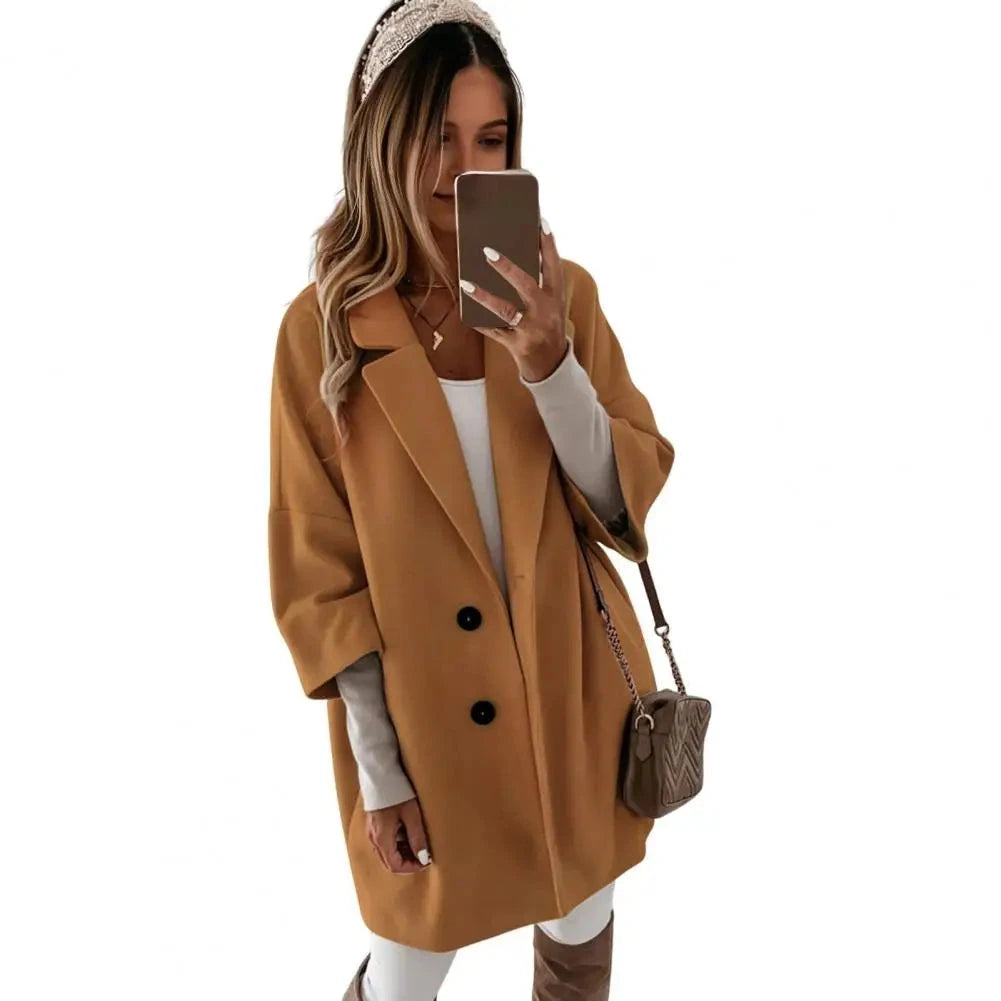 Fall Winter Women's Jacket 3/4 Long Sleeve Button Lapel Pocket Woolen Warm Jacket Coat Solid Color Thermal Fitted Cardigan Coat - AMULET RING STORE