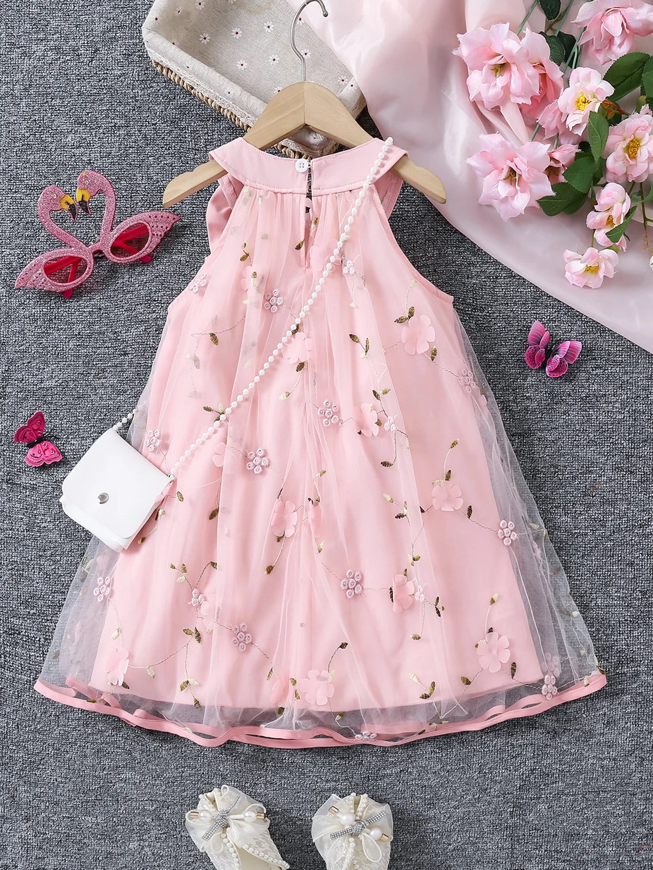 Girls summer fashion lady three-dimensional flower mesh bow decorative halter dress with bag