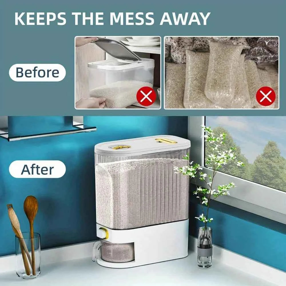 Large-capacity rice storage tank – sealed and moisture-proof, equipped with a measuring cup and cleaning brush.