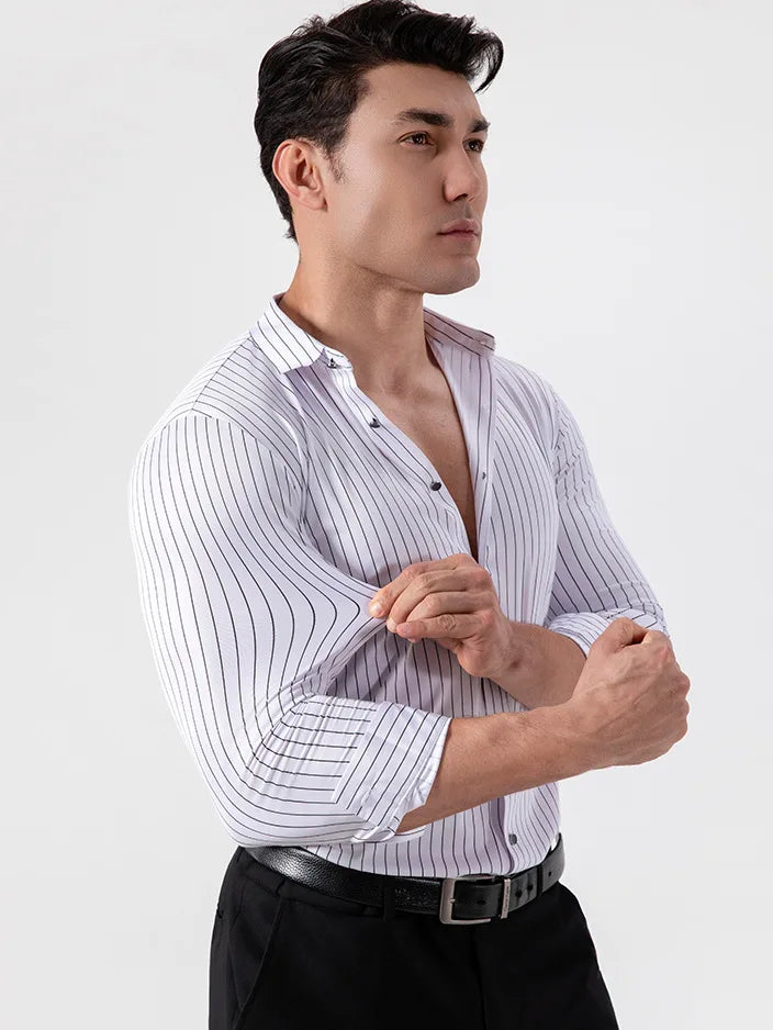 New Stylish Men's Striped Shirt Long Sleeve Business Casual High Elasticity Spring Autumn Seamless Easy-care Soft Man Clothing