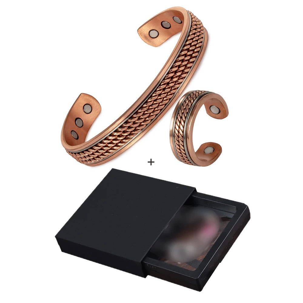 Twisted Magnetic Pure Copper Jewelry-Set Adjustable Bracelet Ring Magnet Resizable Health Arthritis Jewelry Set for Women Men