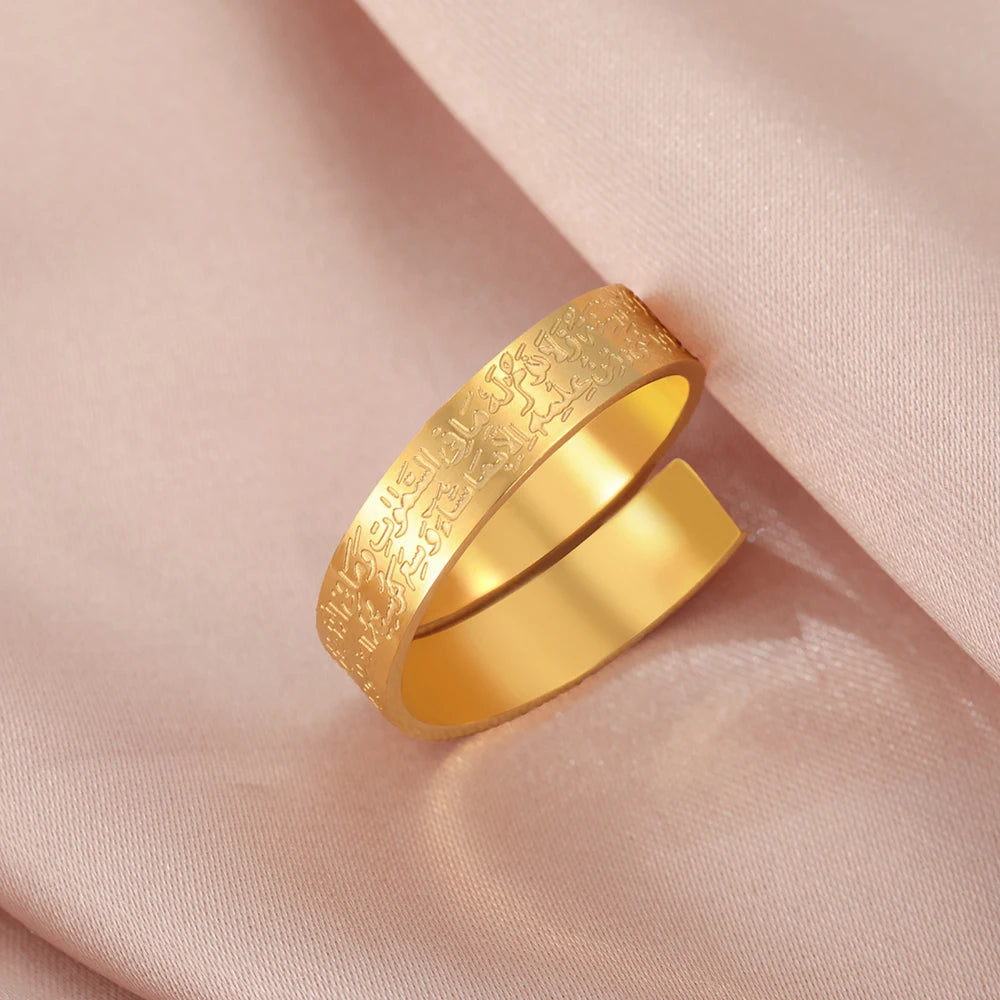 Dawapara Ayatul Kursi Stainless Steel Ring Adjustable Quran Arabian Calligraphy Eid al Adha Muhammad Blessing Muslim Jewelry