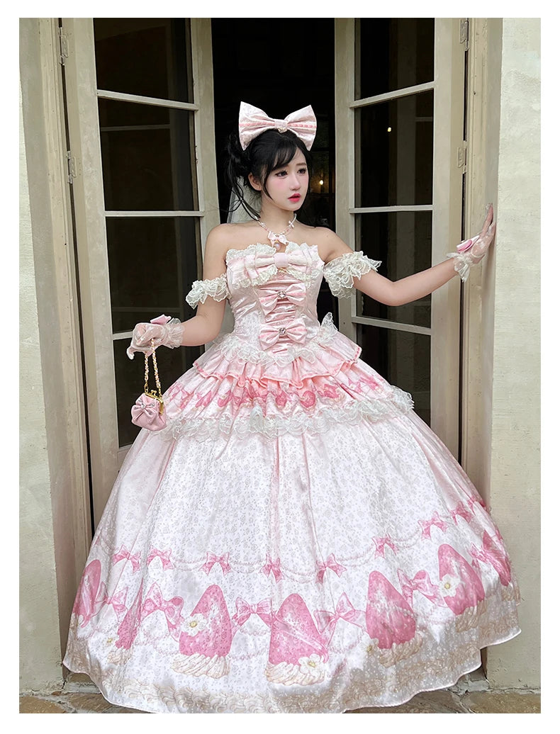 Sweet Princess Style Birthday Anniversary Wedding Dress New Lolita Cute Bow Sexy Strapless Girl Temperament Puffy Lace Dresses