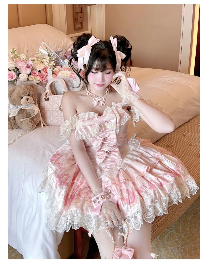 Sweet Princess Style Birthday Anniversary Wedding Dress New Lolita Cute Bow Sexy Strapless Girl Temperament Puffy Lace Dresses
