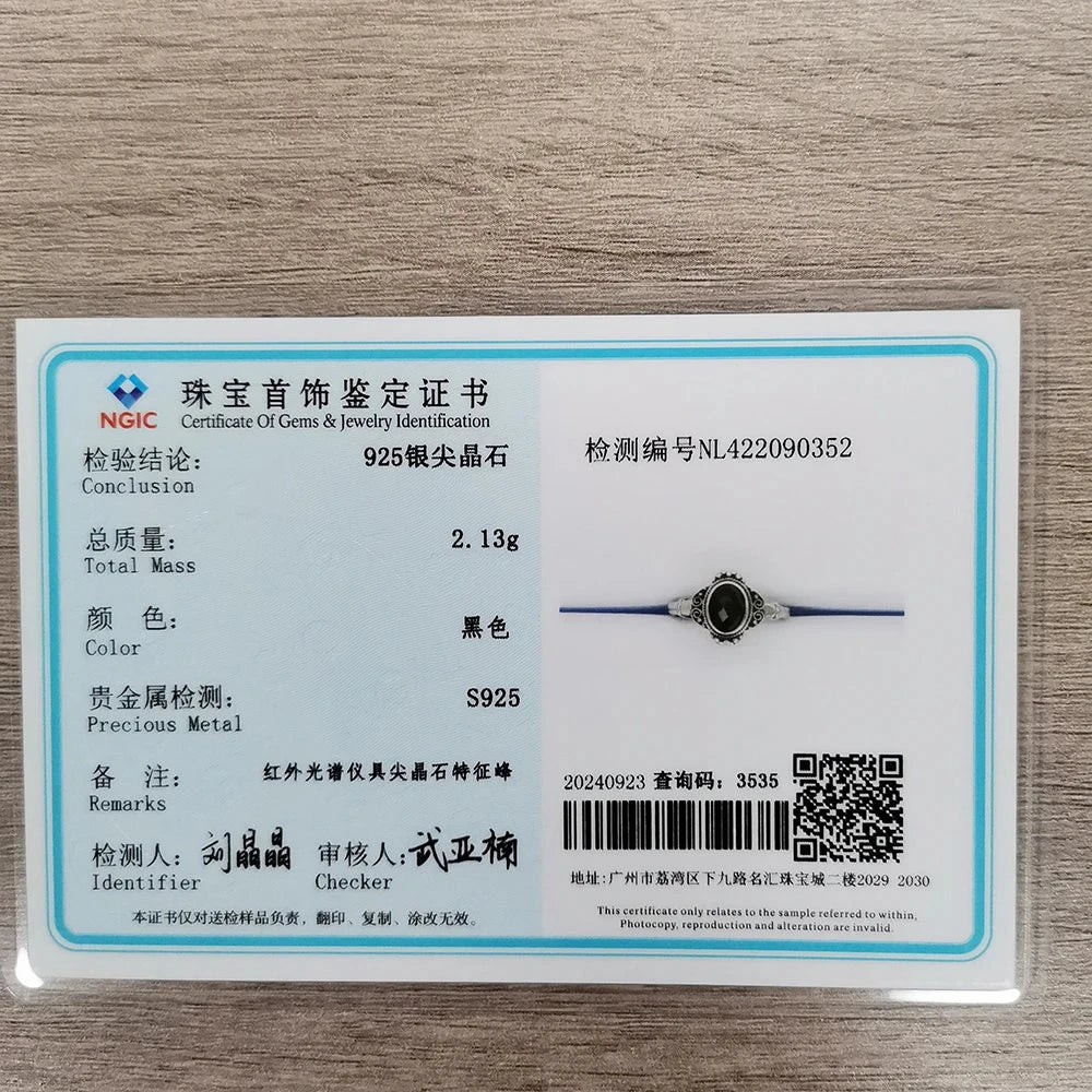 Soild S925 Silver Ring Natural Black Spinel Oval Gemstone Vintage Floral Adjustable Bands Handmade Boho Jewelry Gifts - AMULET RING STORE