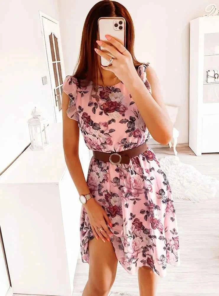 Summer Fashion Floral Printed Long Dress Ladies Sleeveless Elastic Waist Beach Dress 2025 Women V-Neck Pleated Chiffon Cover-Ups