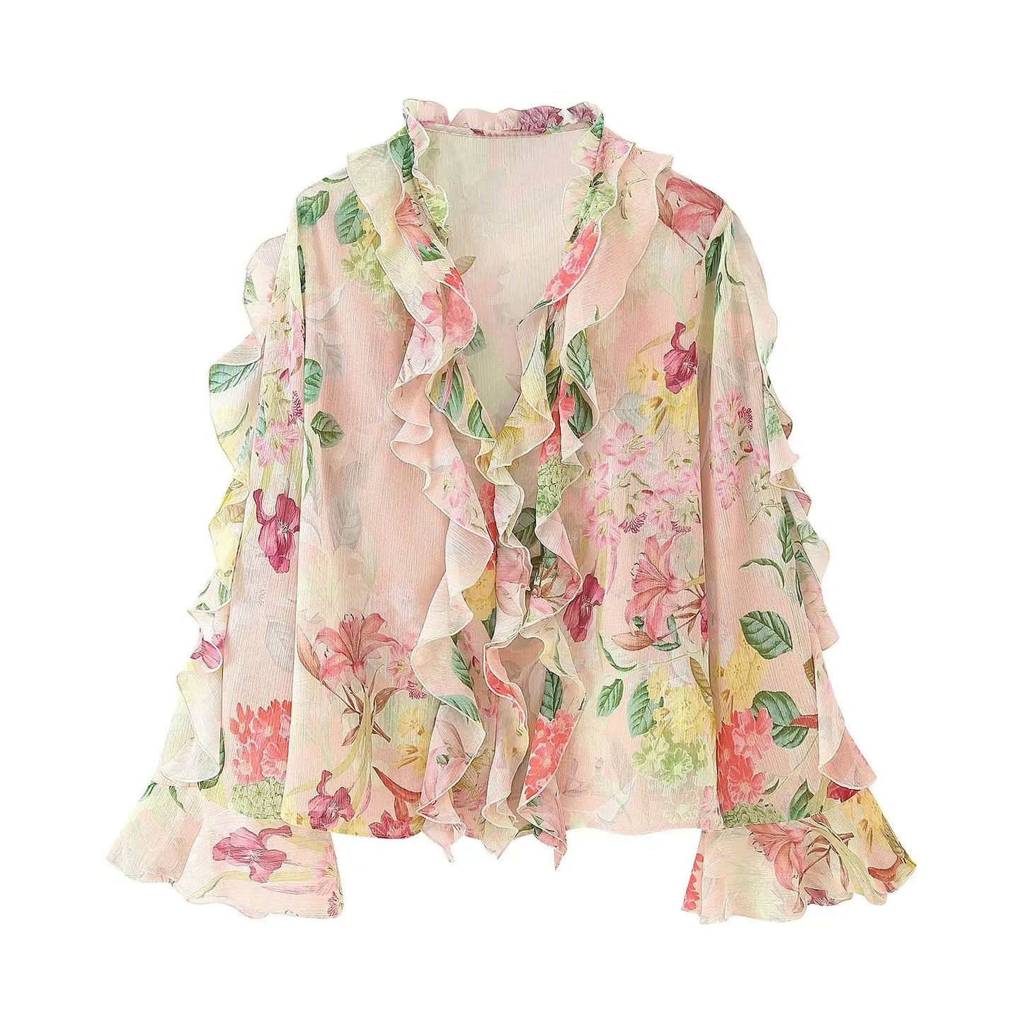 European style new women's fashion versatile temperament flower print layered decorative long sleeve shirt