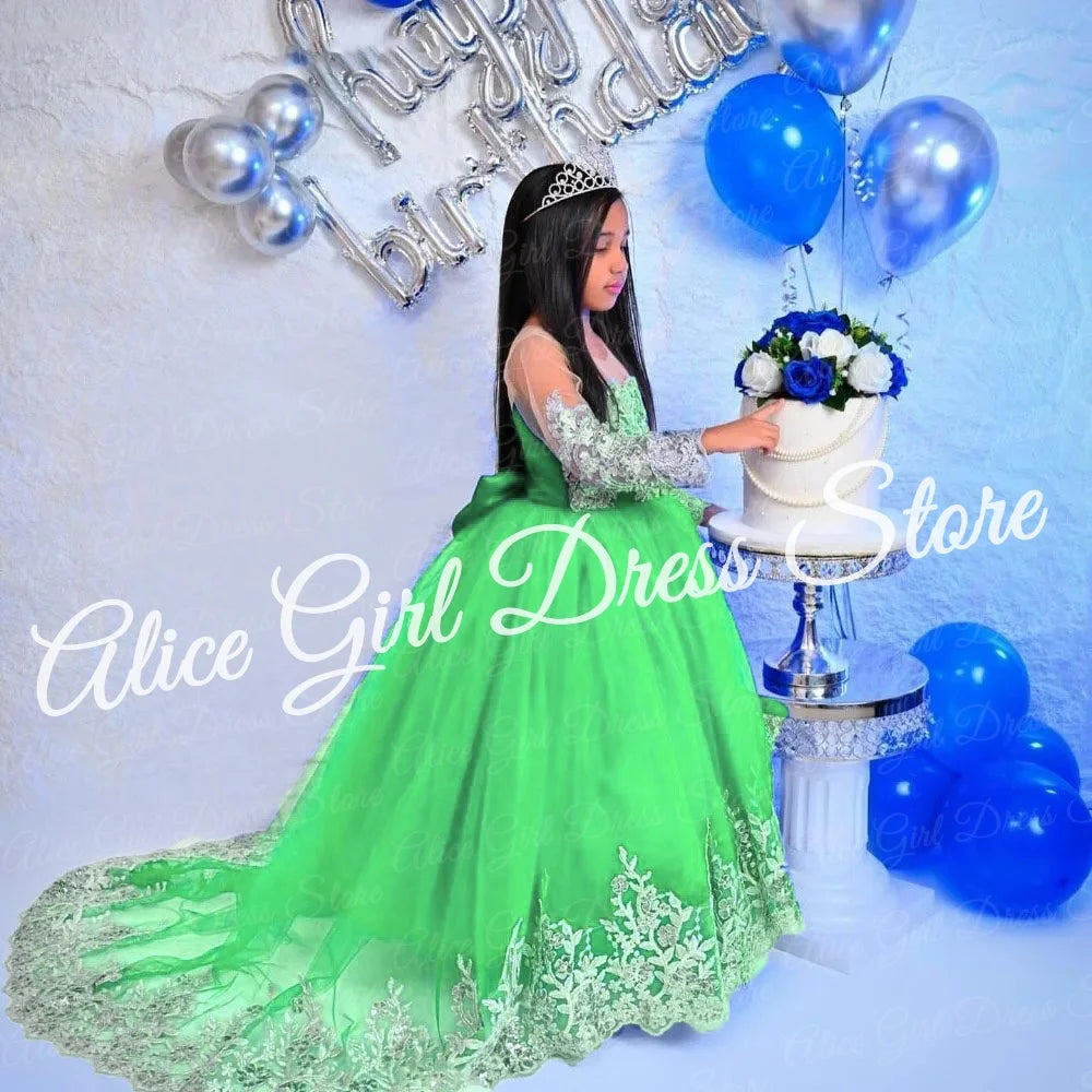 Customized Royal Blue Princess Flower Girl Dress for Wedding Lace Appliques Full Sleeve Baby Birthday Dress First Communion Gown