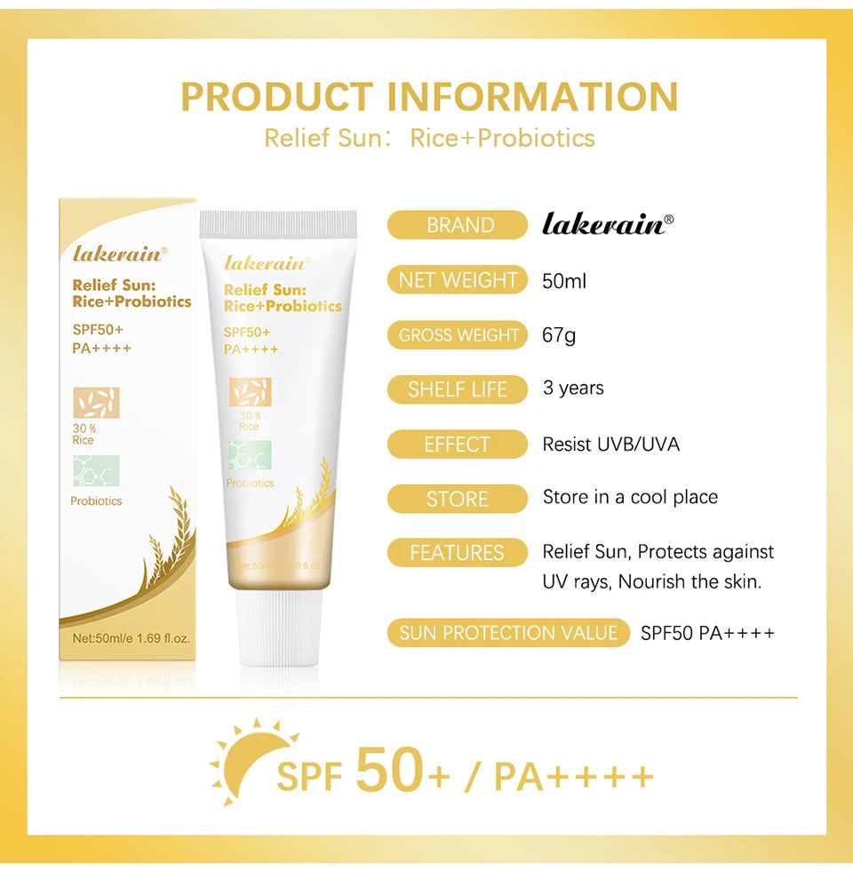 Lakerain SPF50+ Rice+Probiotics Sunscreen Skin Protection Refreshing Makeup Sunscreen Cream UV Resistance Facial Sunscreen New