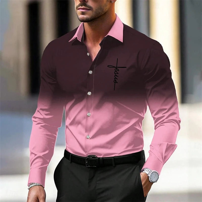 Simple Jesus Pattern Shirts For Men Spring Autumn Fashion 3D Printed Gradient Christian Long Sleeve Shirt Casual Loose Blouse