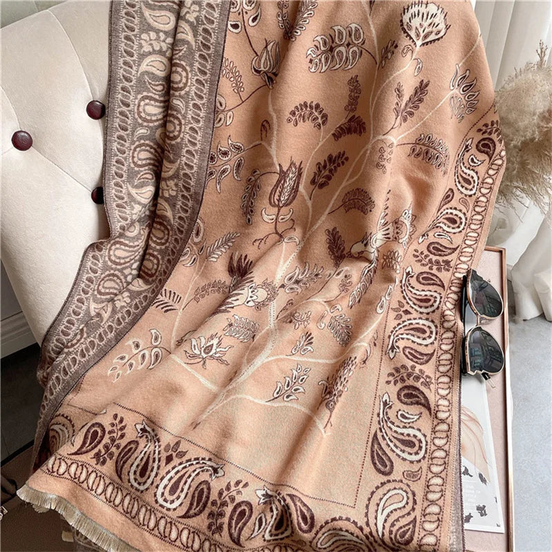 Winter Scarf Women Soft Cashmere Warm Pashmina Ethnic Blue Bird Print Scarves Wraps Thick Shawl Bufandas Tassel Stoles Hijabs - AMULET RING STORE