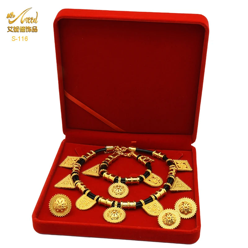 ANIID Dubai Plated Jewelry Set For Women Indian Earring and Necklace Nigeria Moroccan Bridal Accessorie Wedding Bracelet Gifts