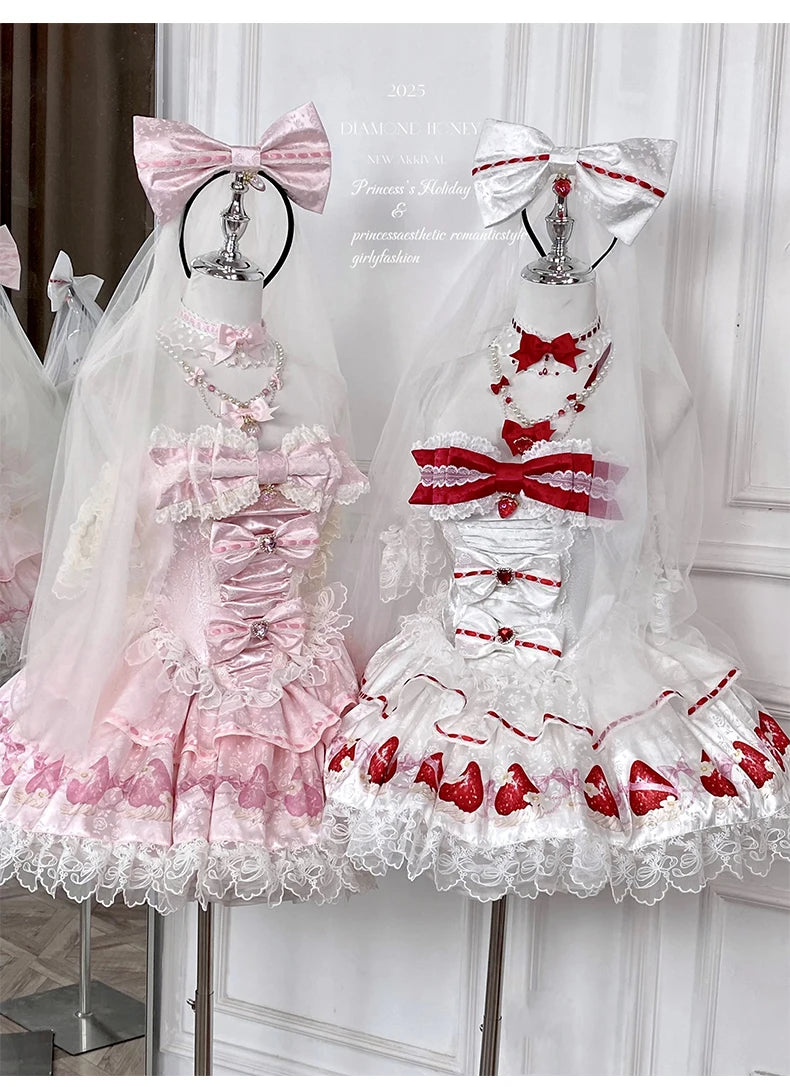 Sweet Princess Style Birthday Anniversary Wedding Dress New Lolita Cute Bow Sexy Strapless Girl Temperament Puffy Lace Dresses