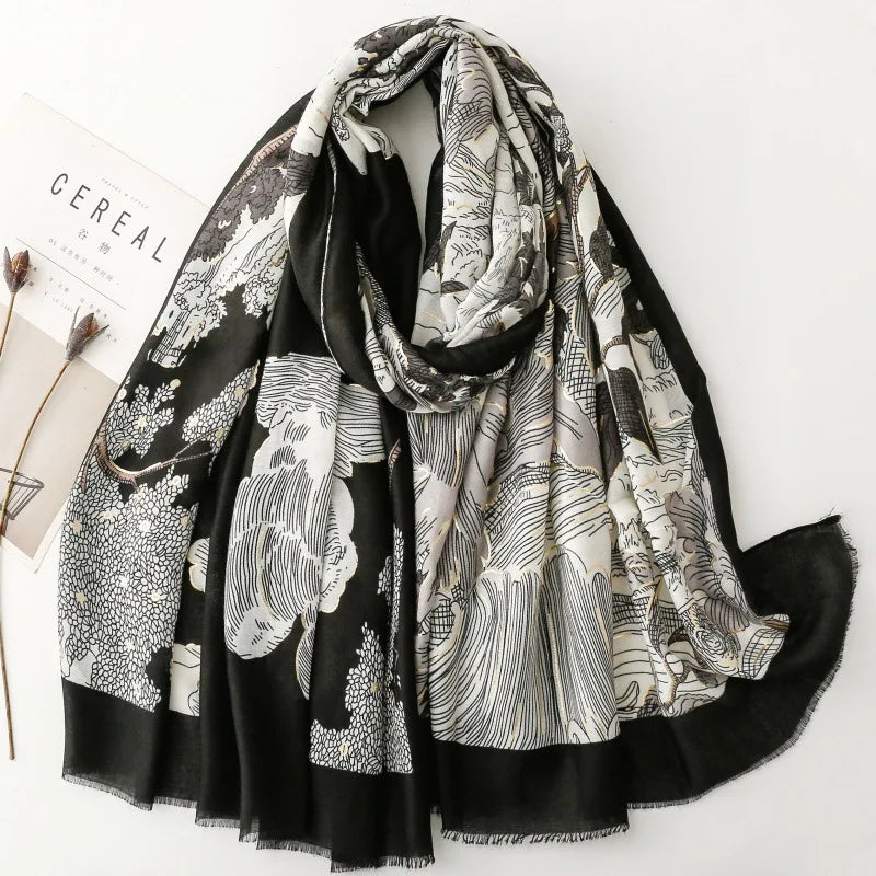 Retro Bohemian Women Viscose Scarf Big Size 88*180cm Cotton Linen Feeling Soft Shawl Tassel Hijab Wrap Summer Soft Beach