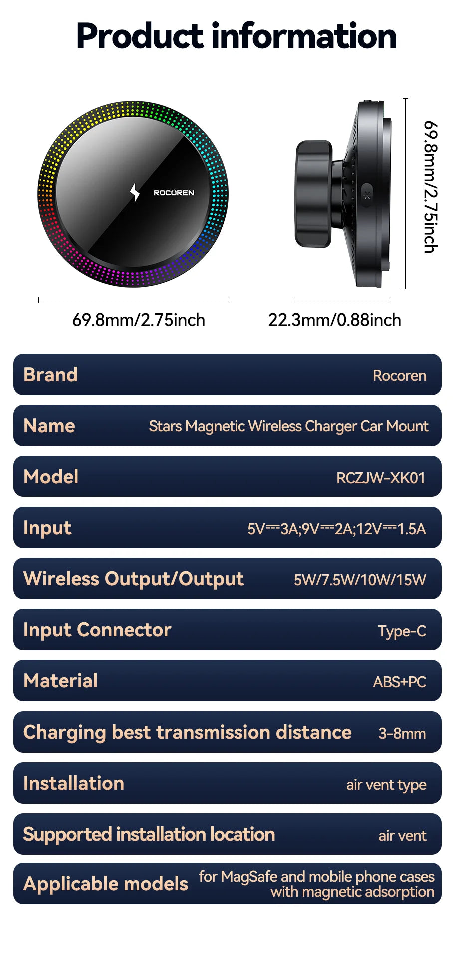 Rocoren Magnetic Car Phone Holder Fast Charging Wireless Charger With RGB light Magnet Car Stander For iPhone 15 14 13 Pro Max