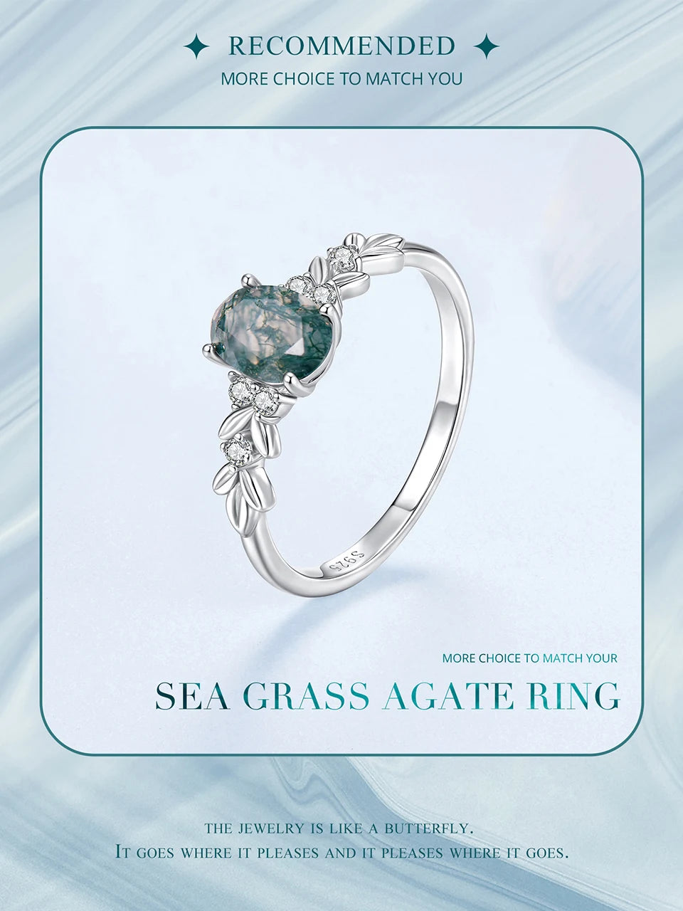 WOSTU Natural Moss Agate Ring For Women 925 Sterling Silver Oval Cut Sea Grass Agate Flower Rings Wedding Party Jewelry Gift
